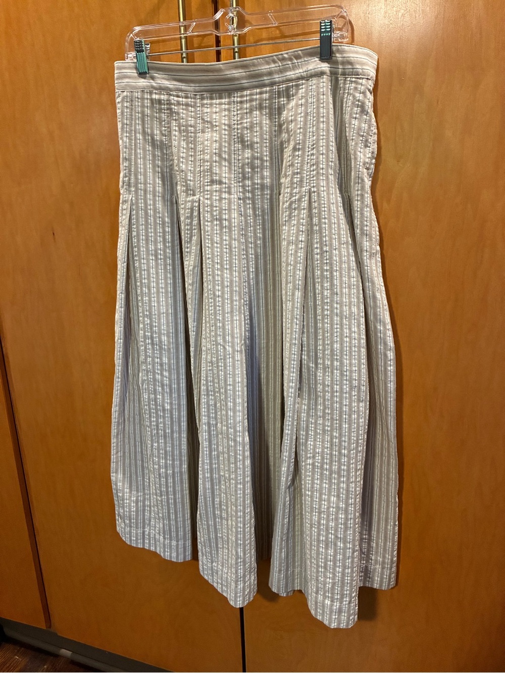 Max Studio Cream and Light Gray Striped A-Line Midi Skirt